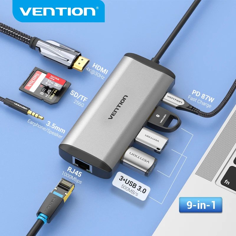 

Док-станция Vention с USB Type-C на USB 3,0, HDMI, RJ45, 4K