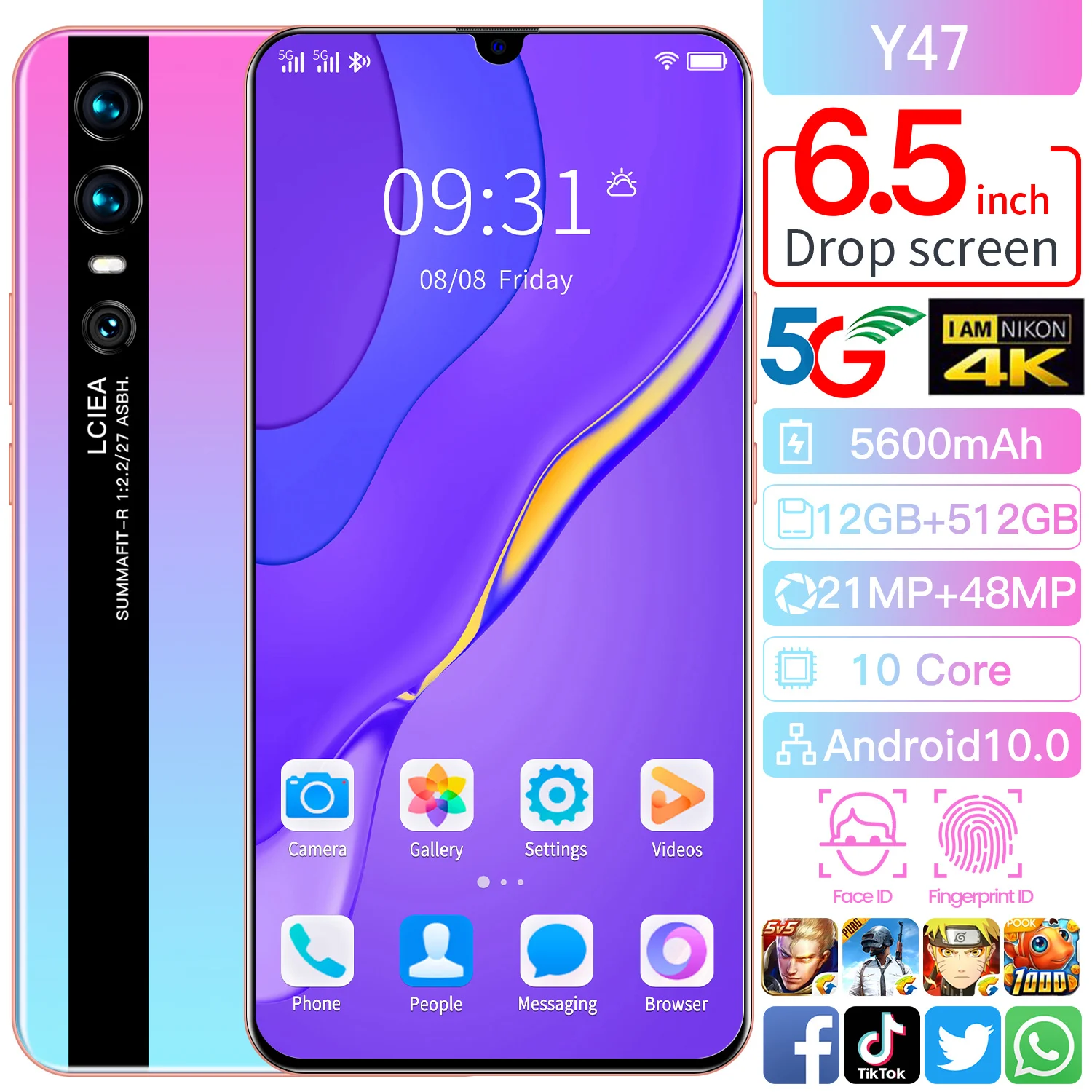 

Global Version Y47 6.5Inch Network CellPhone 10Core New Arrival 5600mAh 12+512GB Support Face ID Fingerprint Unlock 5G Cellphone