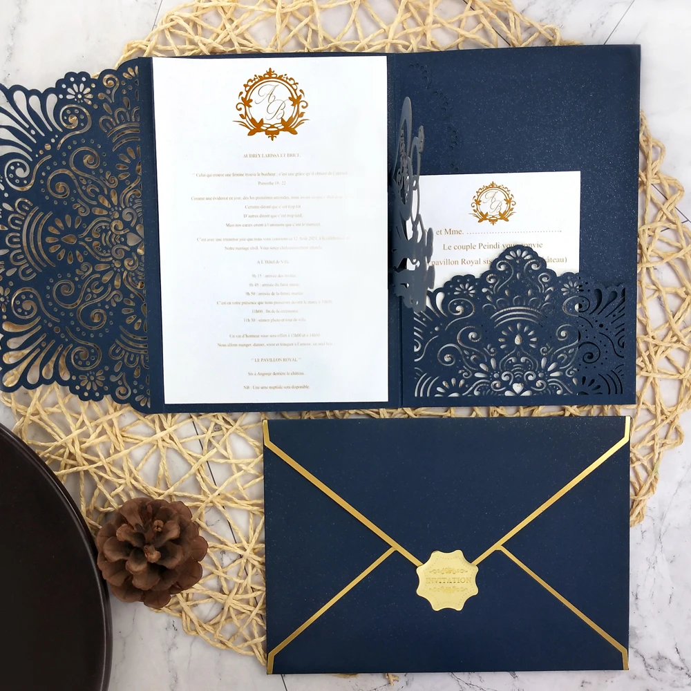 

50pcs Laser Cut Wedding Invitations with 3D Tri-Fold Groom & Bridal Hearts and Rings Invites Cards RSVP Elegant Greeting Card