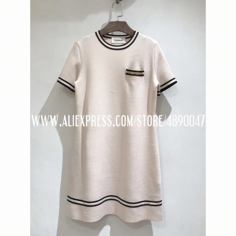 

Wool blend knitting stripe contrast color chain pocket design short sleeve dress high quality women's 2021 spring casual dress