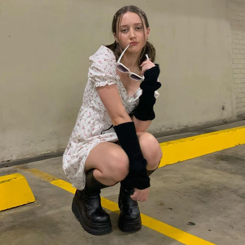 

French Style Puff Sleeve Floral Dress Vintage Square Collar Drawstring Mini Dresses Women Summer Fashion Streetwear