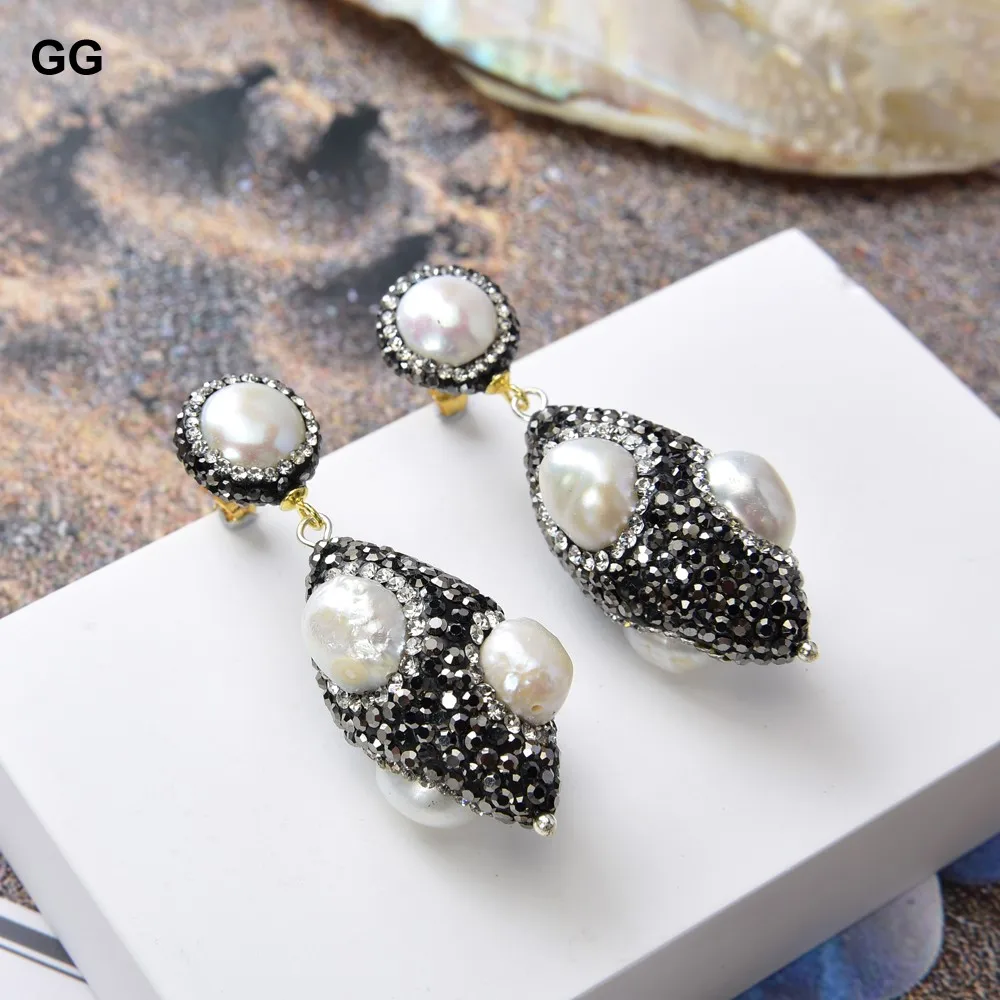 GuaiGuai ювелирные изделия 2 &quotнатуральный белый жемчуг черный CZ серьги жемчужные