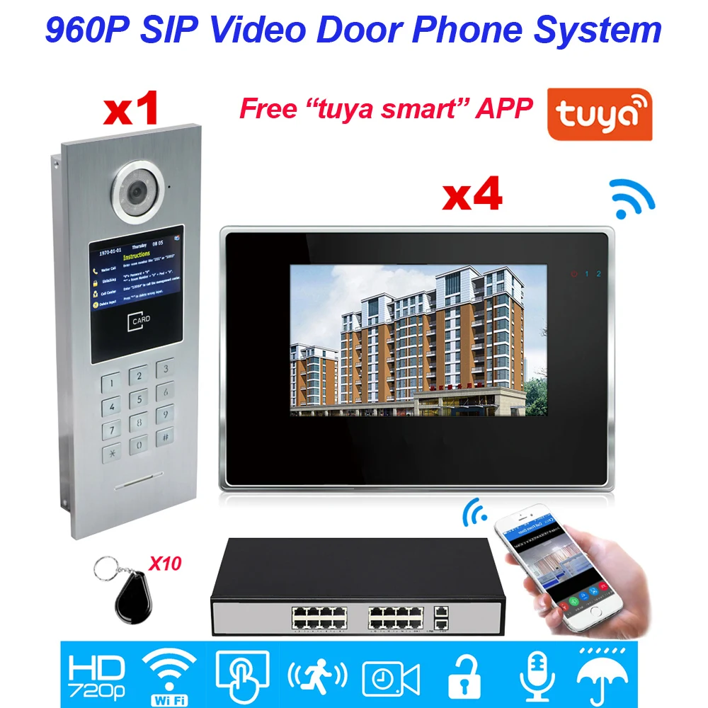Tuya Smart APP поддерживается 960P WiFi видео-телефон двери IP видеодомофон безопасности домашняя система контроля доступа клавиатура/IC карта/POE