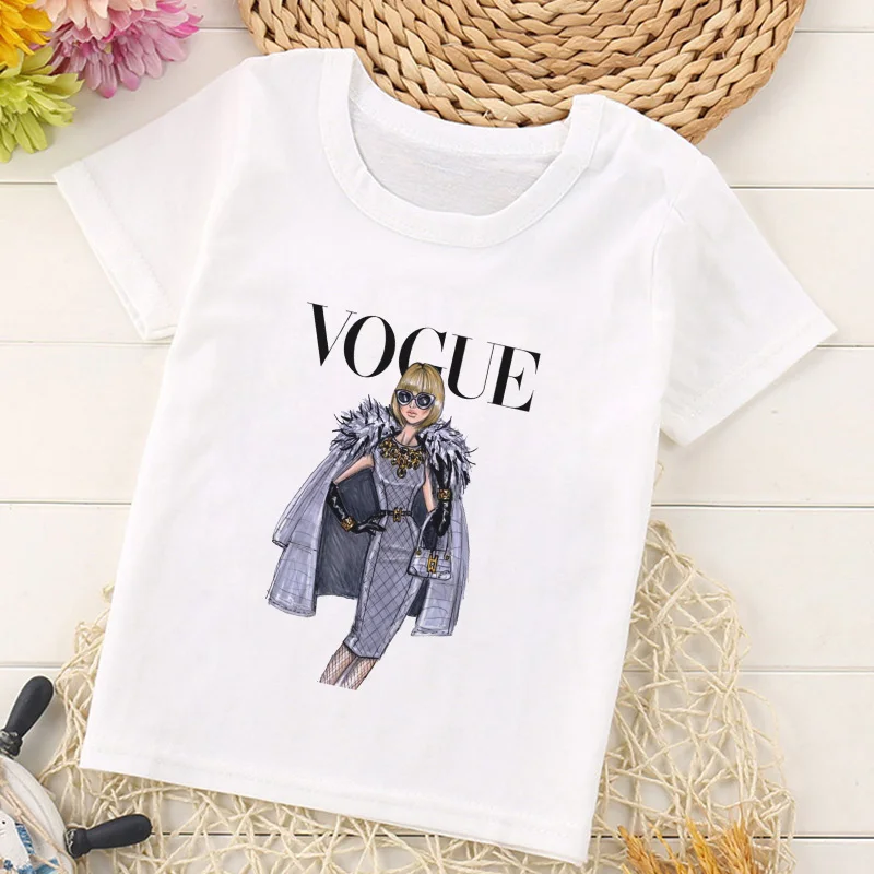 

VOGUE Princess Print Girls Shirts Harajuku Kawaii Fashion Girl Top Cartoon Casual Girl Children Round Neck Short Sleeve T Shirts