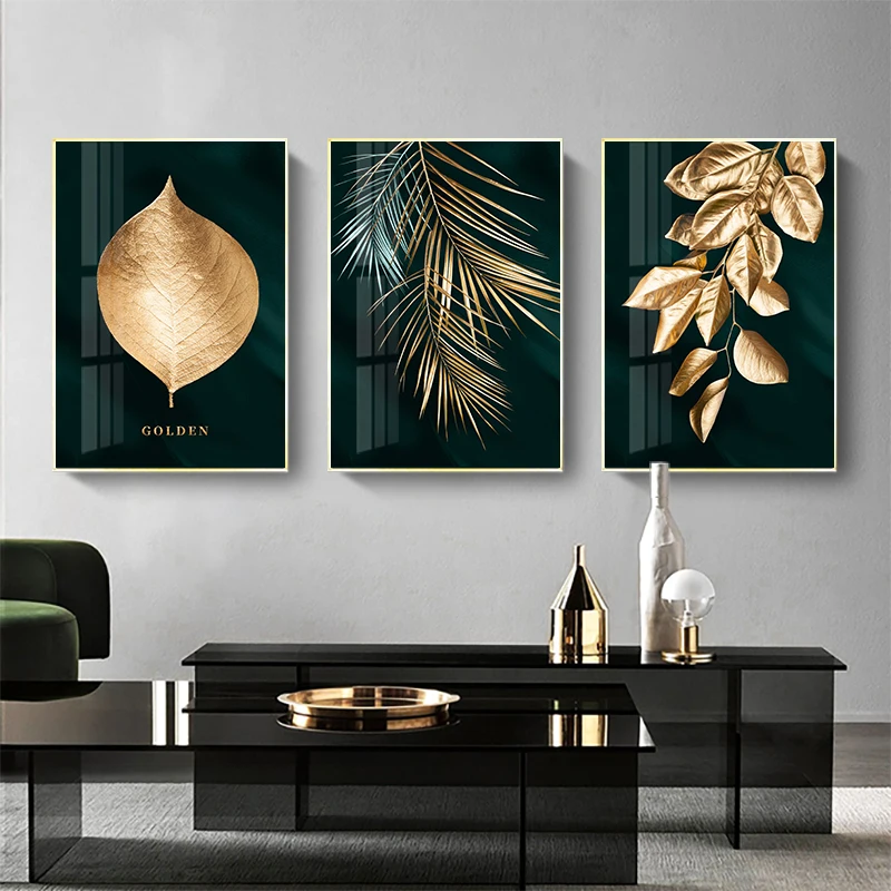 

Modern Style Golden Leaf Abstract Canvas Wall Art Poster Printing Dining Room Living Room Background Home Decoration Painting