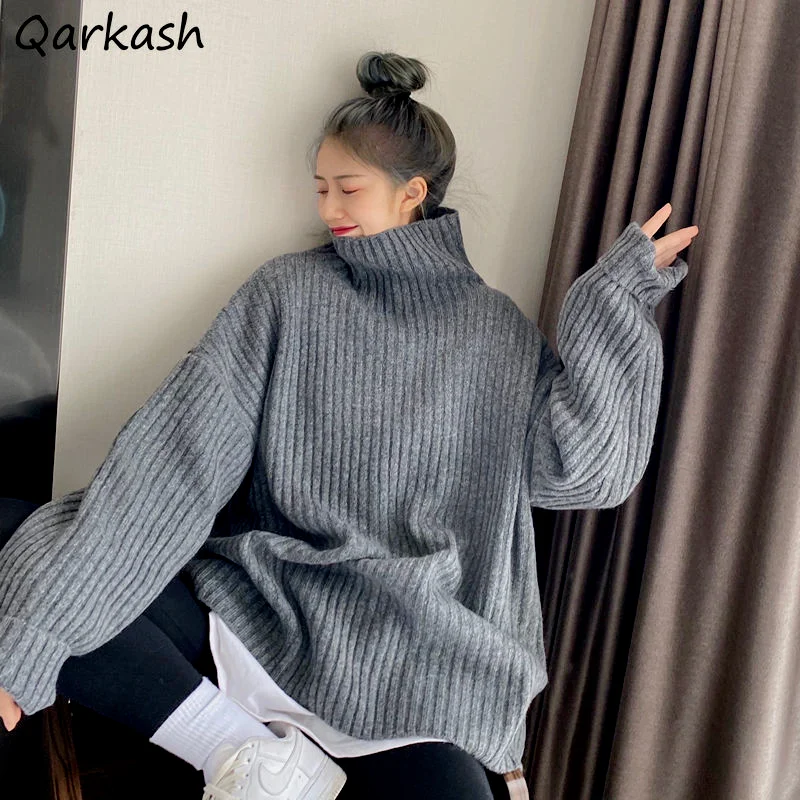 

Turtleneck Pullovers Women Casual Solid All-match Fall Thicker Sweaters Harajuku Korean Fashion Chic Elegant Preppy Style Loose