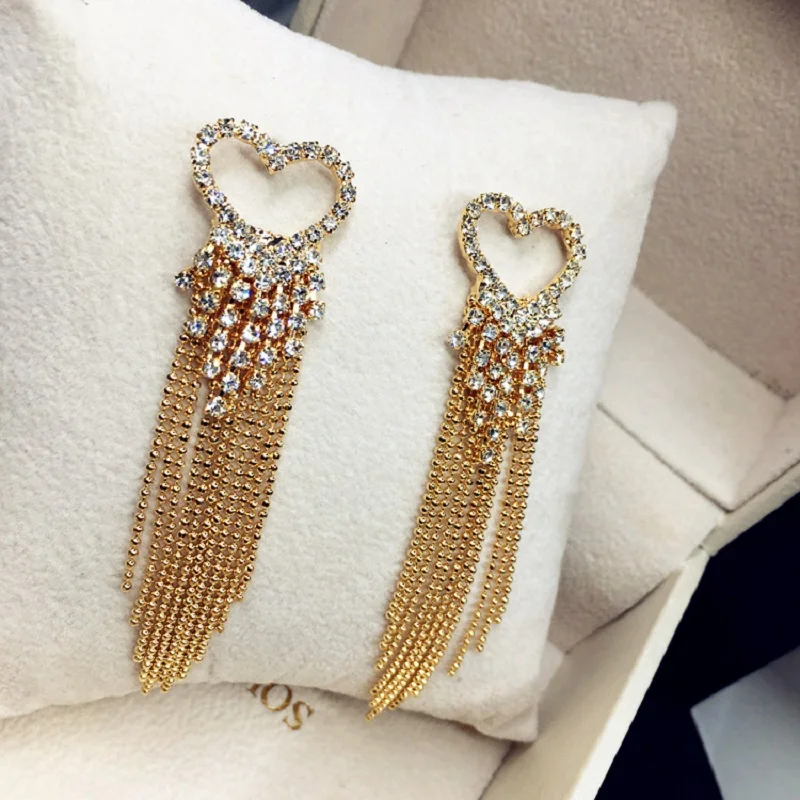 

High Grade Metal Beads Tassel Earrings For Women Shinning Crystal Heart Jewelry