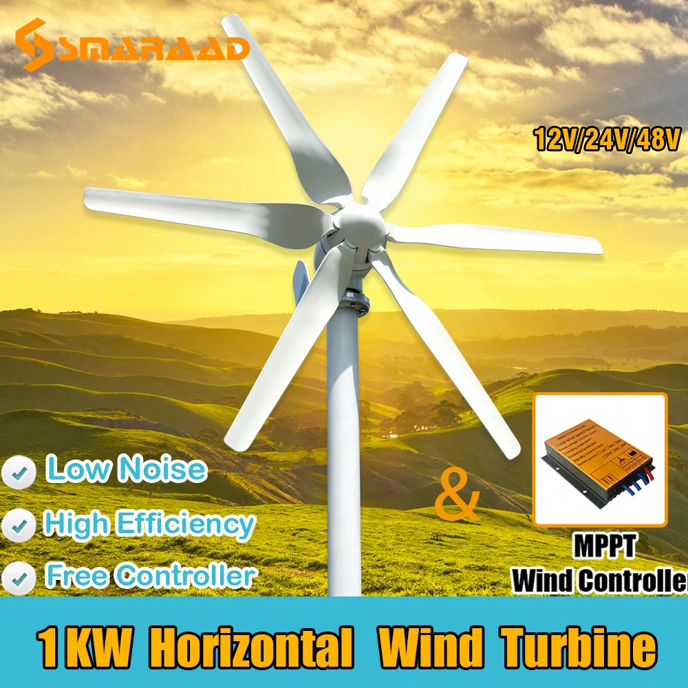 

800W 1000W Horizontal Wind Turbine Generator 12V 24V 48V Alternative Energy Generators Free Energy Windmill With MPPT Controller