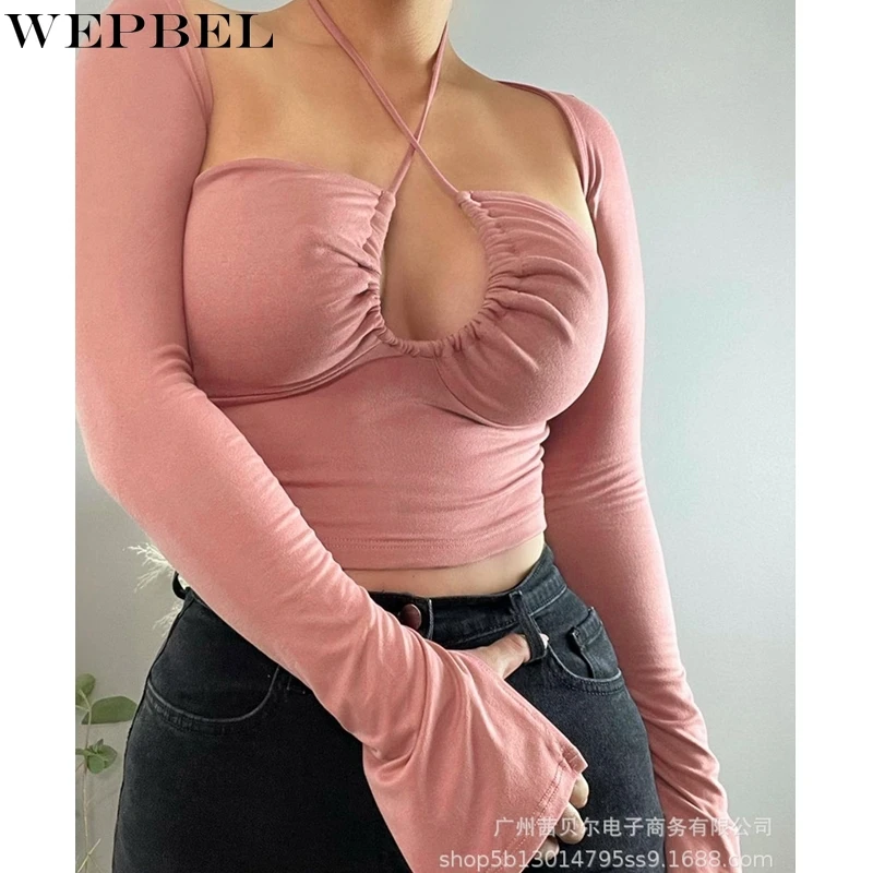 

WEPBEL T-shirt Women's Sexy Slim Hollow Out Strapless T-shirt Autumn Fashion Long Sleeve Halter Spaghetti Strap Short T-shirt