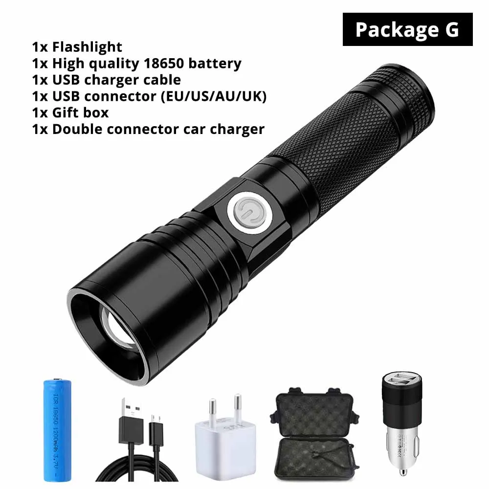 Package G USB Перезаряжаемый светодиодный фонарик супер яркий 5 Режим зум водонепроницаемый фонарь питание от 18650 комплект батареи для ночного освещения - Испускаемый цвет: Package G