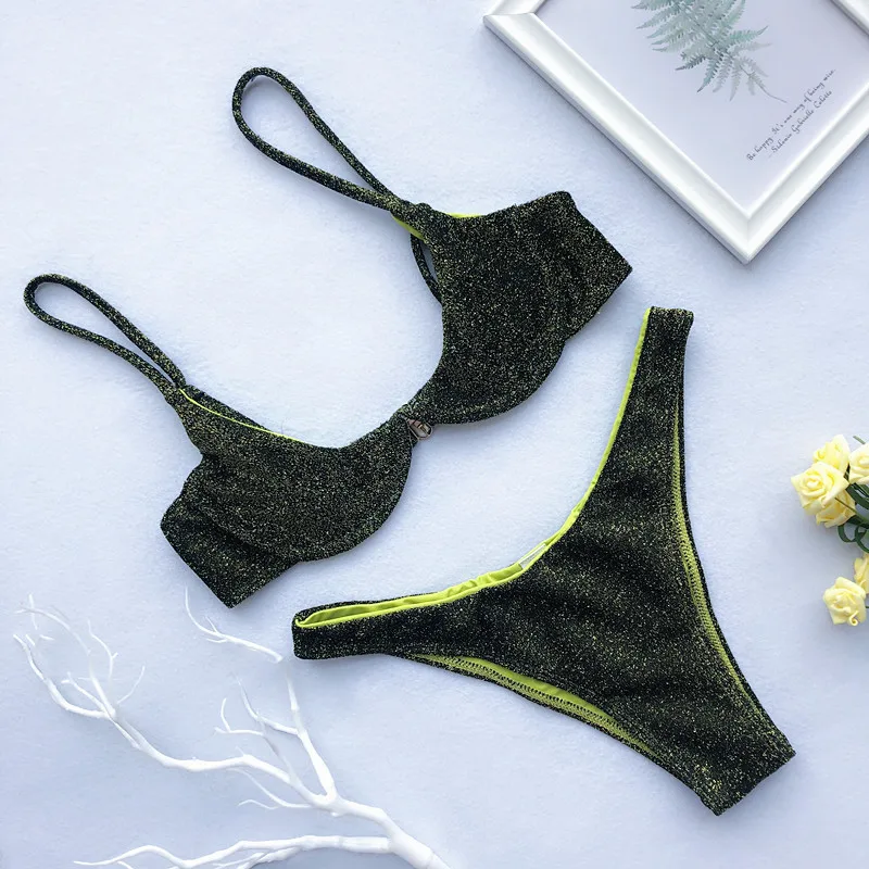 Сексуальные серебристые золотые бикини 2019 пуш-ап купальная одежда женский