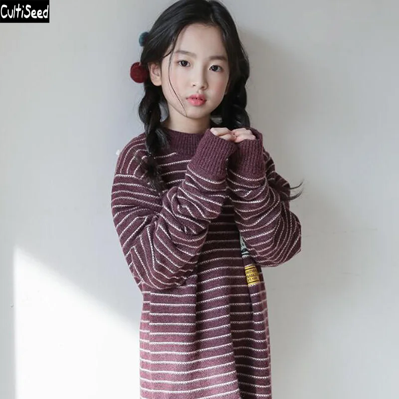 

Cultiseed Big Girl Autumn Knitted Sweaters Top Children Girls Korean Striped Loose Casual Long Sweaters Kids Long Sleeve Sweater