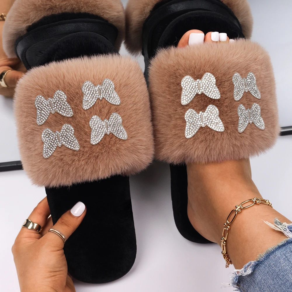 Women House Slippers Rhinestone Butterfly Decor Fluffy Flip Flops Slippers Flat Open Toe Furry Slides Female Winter Warm Shoes