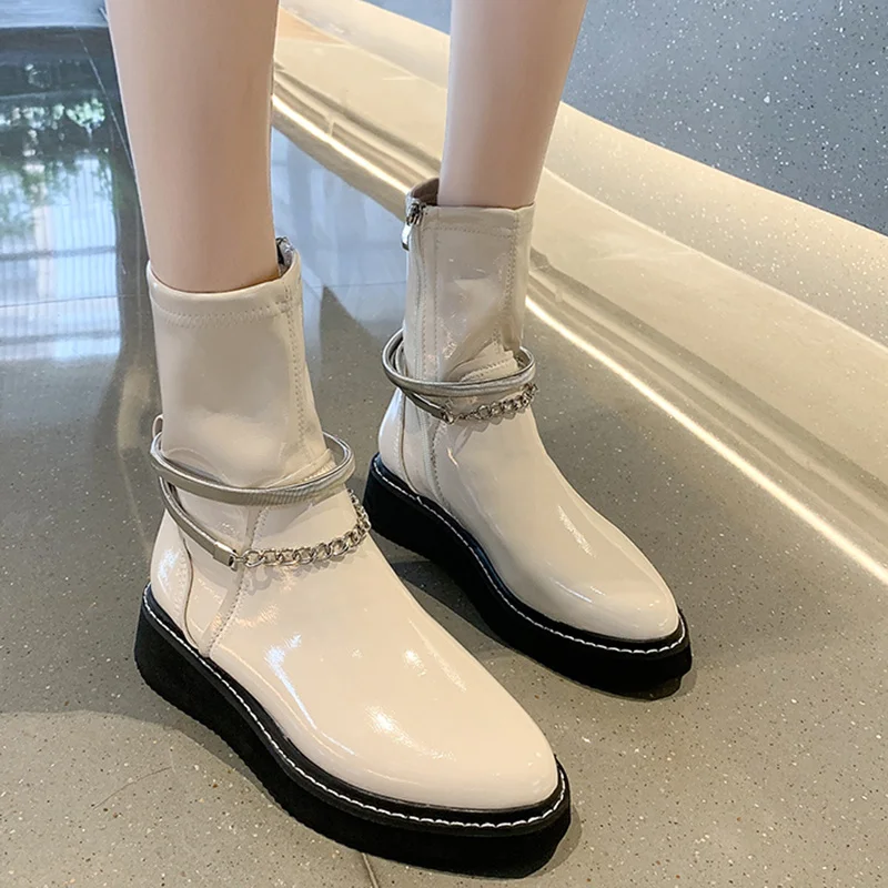 

Женские ботинки до середины икры, из лакированной кожи, с острым носком, на платформе