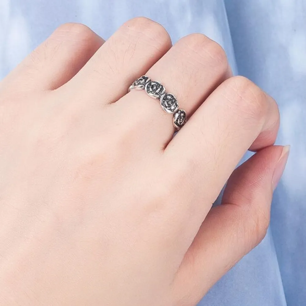 

925 Sterling Silver New Jewelry New Woman Ring Retro Small Flower Black Opening Size Adjustable Man Creative Ring