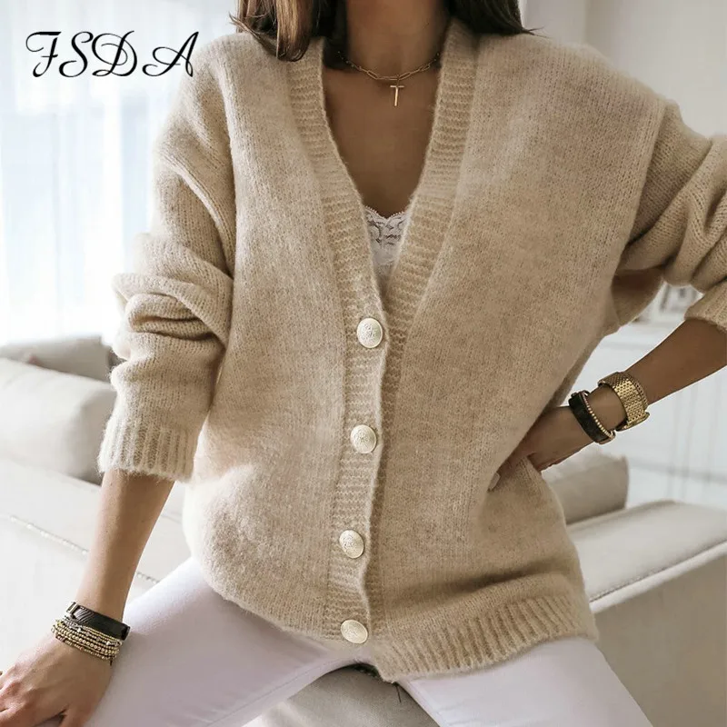 Женский вязаный черный кардиган FSDA повседневный Свободный джемпер с v образным