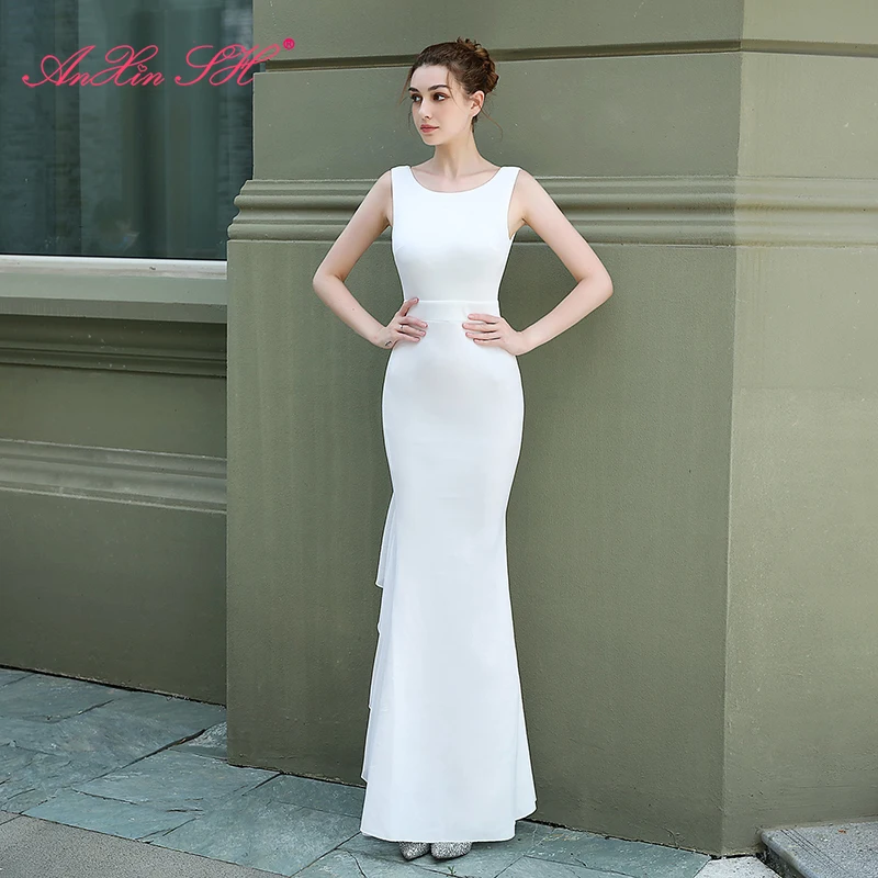 

AnXin SH vintage white mermaid evening dress Party wine red o neck sleeveless zipper green trumpet evening dress 18162