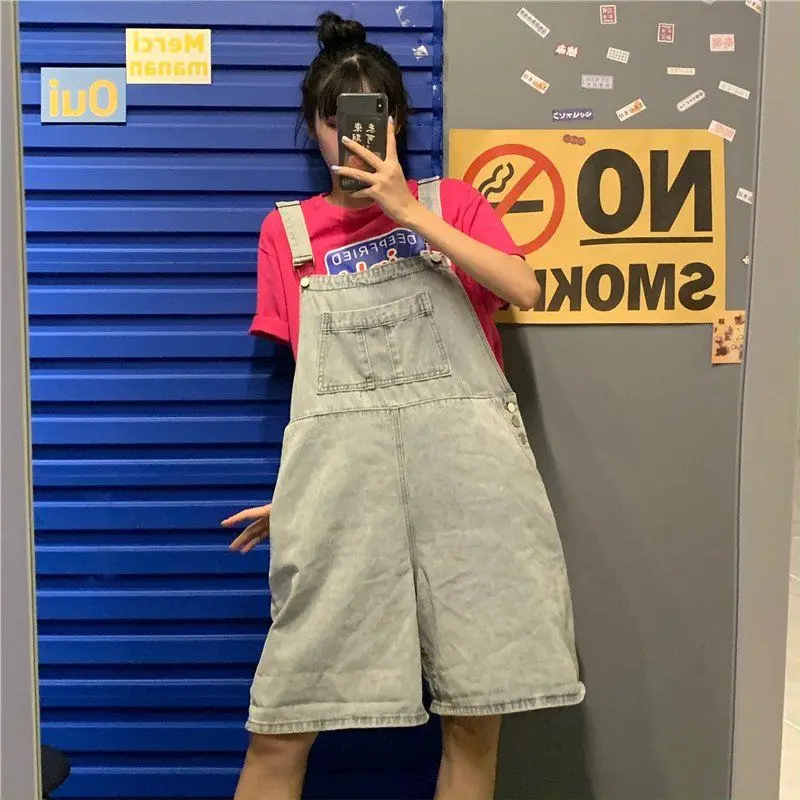 

Rompers Women Knee-length Wide-leg Denim Vintage Harajuku Streetwear Washed All-match Hip-hop Ulzzang Chic Stylish Casual Loose