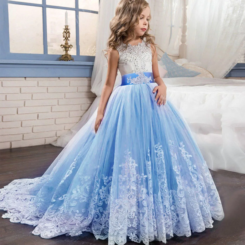 

2021 New-O Neck ALine Girls Dress Party Dress For Girl First Communion Formal Long Lace Princess Ball Gowns Flower Girl Dress