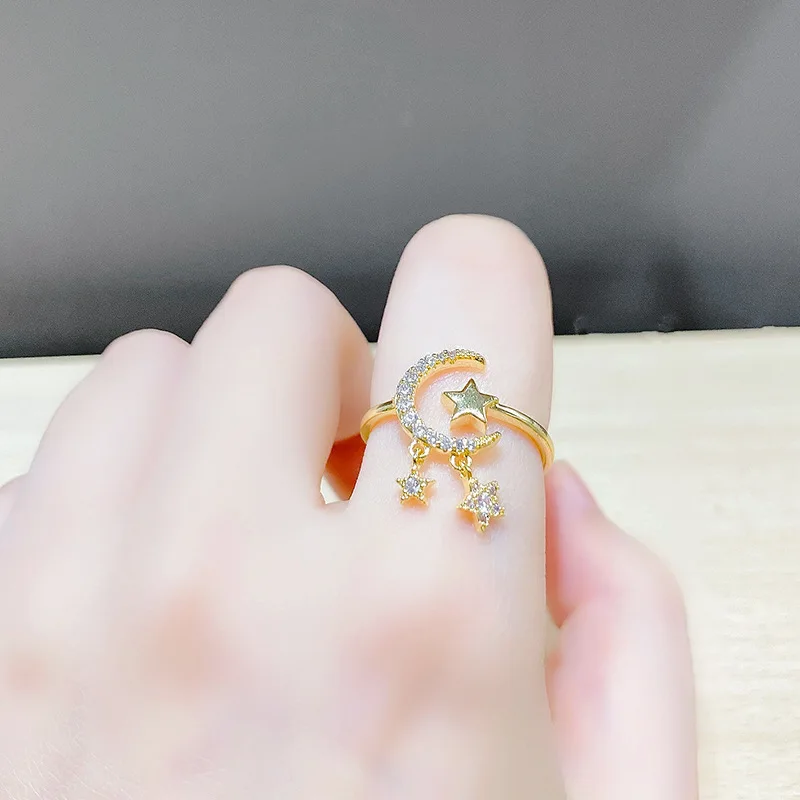 

New Personality Inlaid Zircon Moon Star Ring Simple Geometric Hollow Opening Ring Female Jewelry