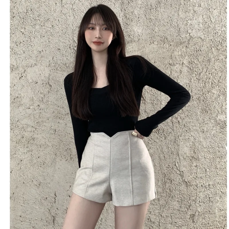 

Футболка с длинным рукавом и V-образным вырезом, зимние шерстяные Асимметричные шорты, Женский облегающий костюм с высокой талией и широким...