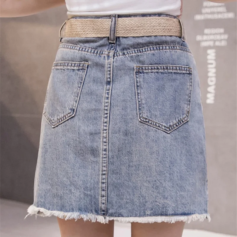 

Limiguyue Women Short Denim Skirt Spring Retro Solid Tassels Hole Ripped Mini Short Skirts High Waisted Blue Jeans Jupe K051
