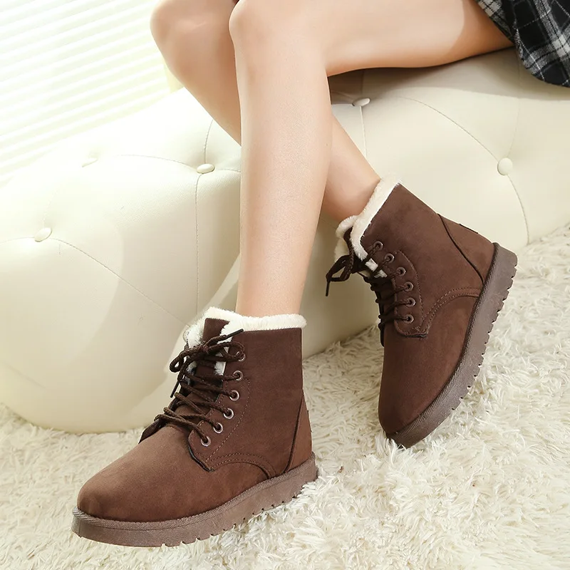 Зимние ботинки; женские ботильоны на шнуровке; bottines femme; обувь на платформе; женская теплая обувь из замши и флока с круглым носком; Botas Mujer