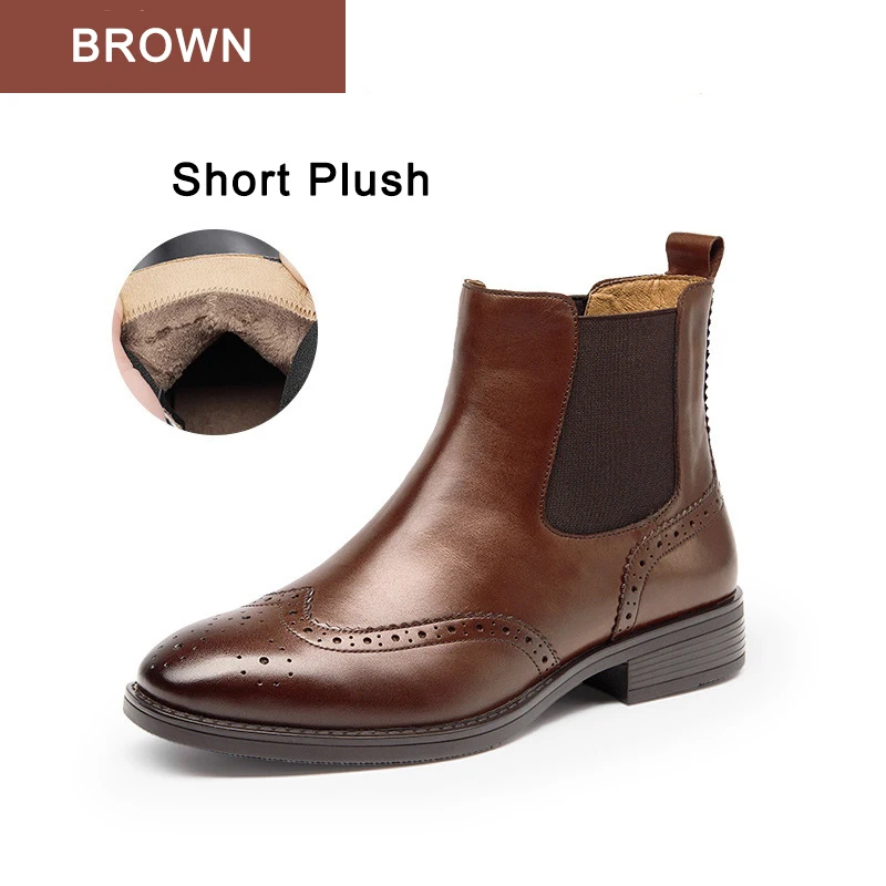 brown short plush Женские ботинки «Челси» в британском стиле; зимние ботинки с перфорацией типа «броги» Для женщин; женские ботильоны из натуральной кожи с квадратным носком; ботинки - Цвет: brown short plush
