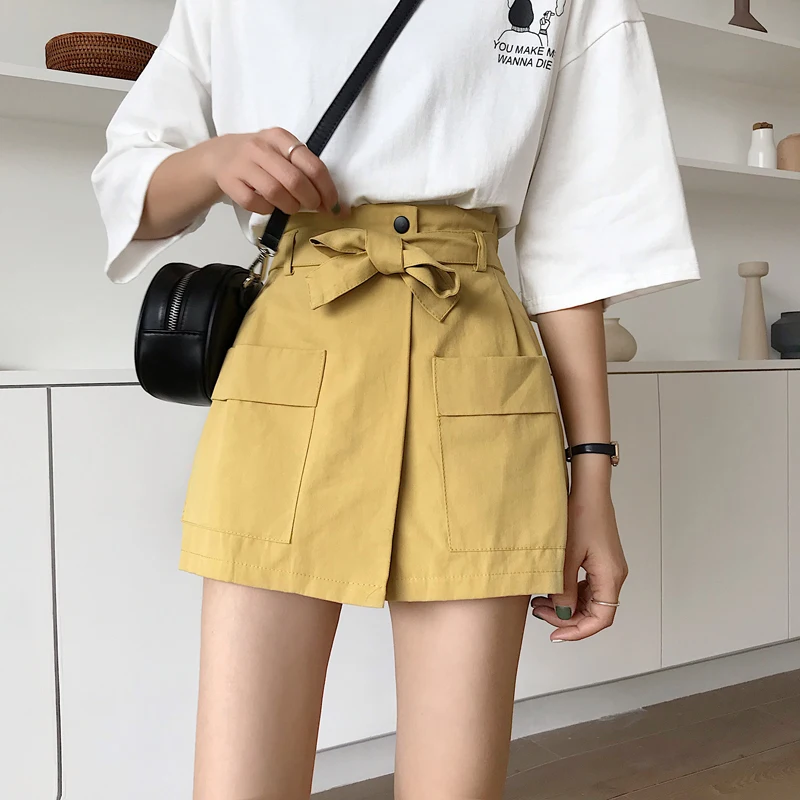 

Женские винтажные шорты с завышенной талией, короткие юбки с карманами, шорты в стиле High Street, летние шорты с завязками и бантом, 2021