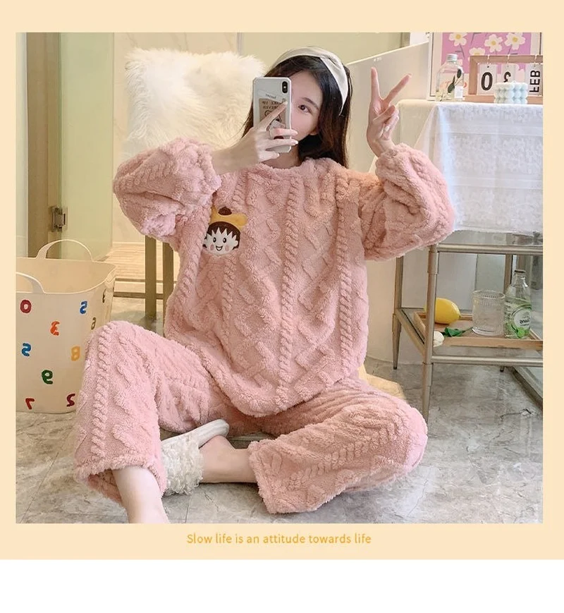 Pajamas Female Winter Coral Plush Thickened Plush Cute Cartoon Large Flannel Home Clothes Set  Pajamas for Teen Girls  Kawaii