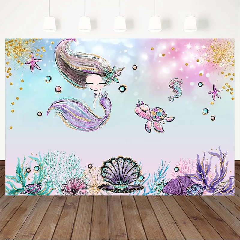 

Фон для фотосъемки Русалочки новорожденный подводный мир золотой блеск морская черепаха оболочка украшение день рождения фотографии