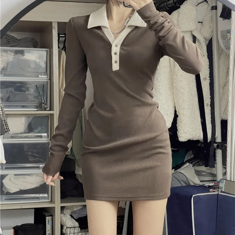 

Kywommnz Women Pullover Dress Polo-Collar High Waist Knitting Fashion Long Sleeve Vintage Buttocks MINI Skirt Autumn 2021 E4249