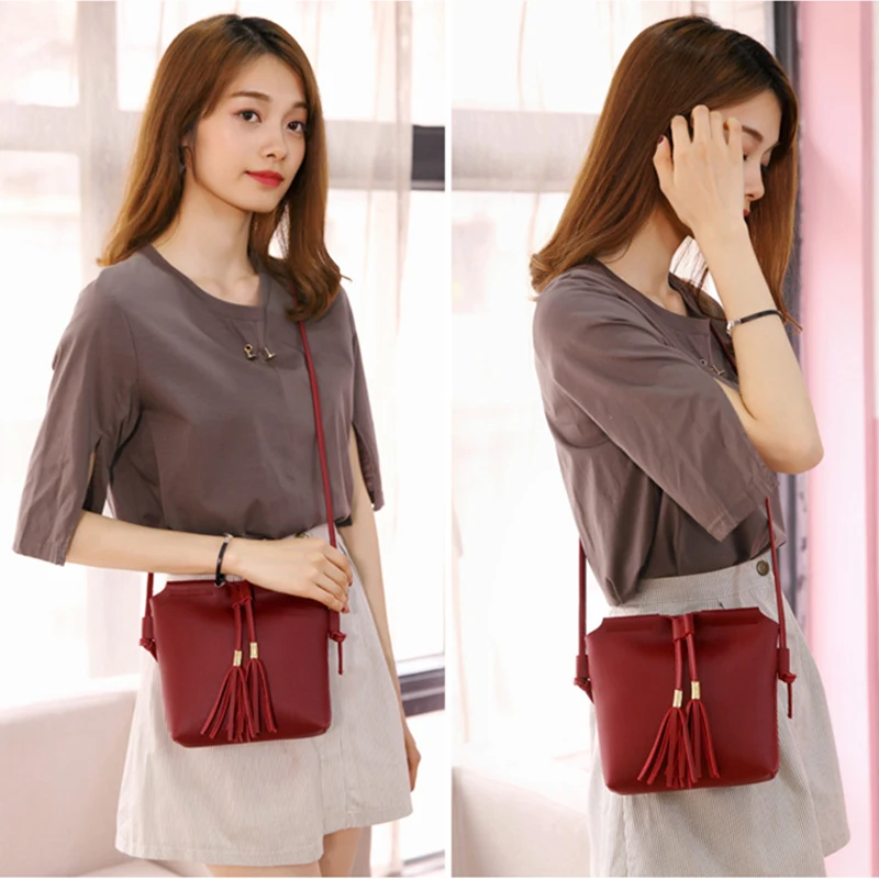 Женская сумка ведро с кисточками винтажная на шнурке из искусственной кожи