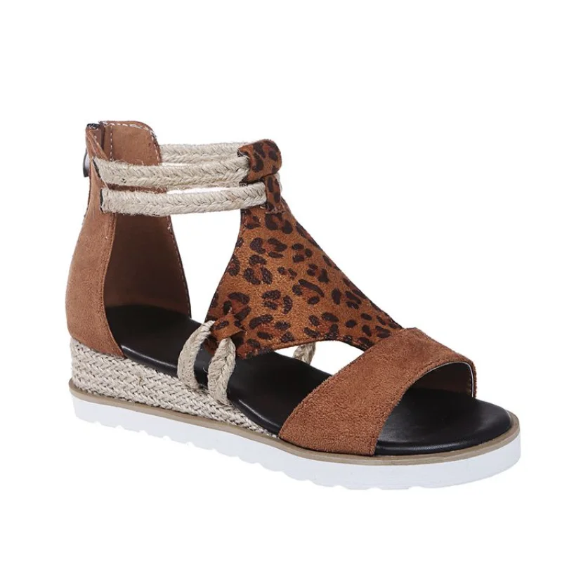 

Women Sandal Summer 2021 Leopard Print Slope Heel Splicing Hemp Rope Woven Platform Shoes Open-toe Beach Lady Sandals Plus Size