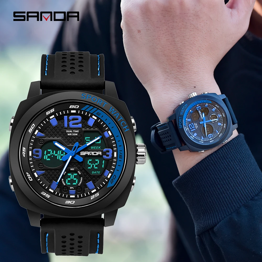 

Часы наручные Sanda мужские спортивные светодиодные, модные брендовые водонепроницаемые цифровые повседневные с вибрацией, в стиле милитари