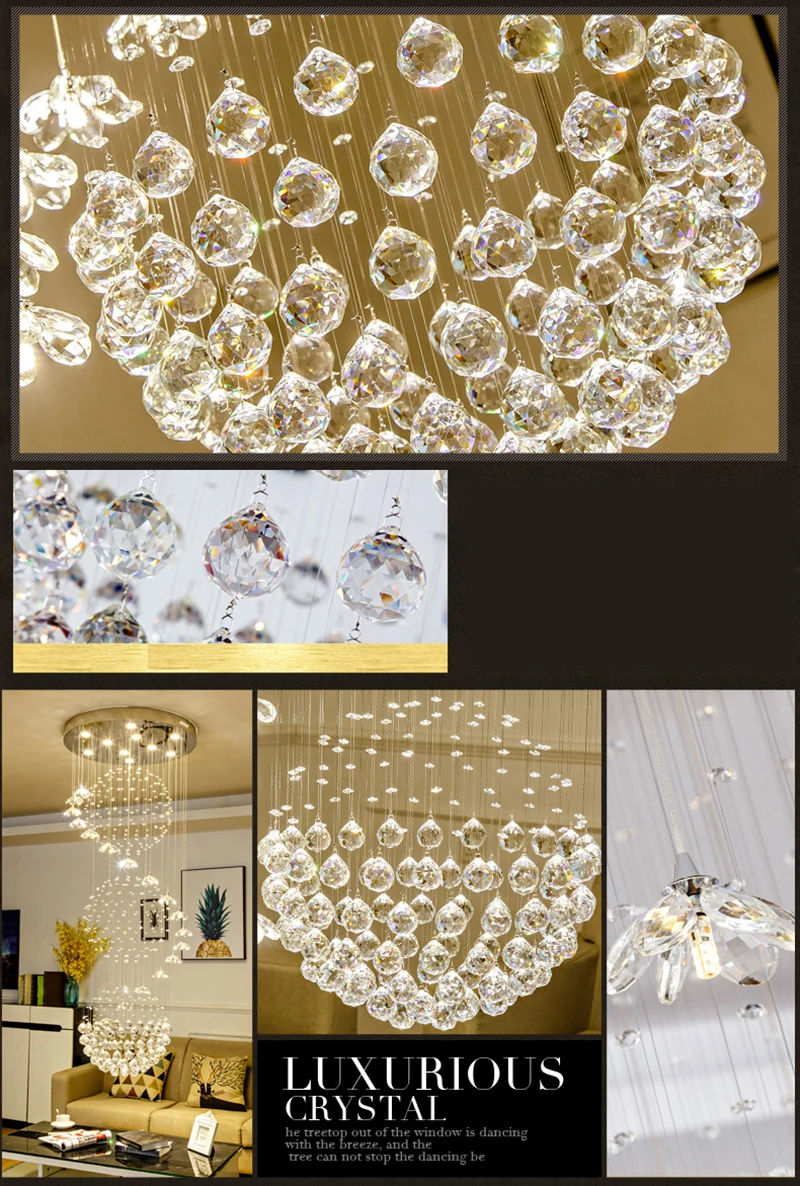 

Round Long Crystal Chandelier Staircase Hanglamp K9 Crystal Ball Luxury Design Crystal Ball Chandelier Lighting AC90-260V GU10