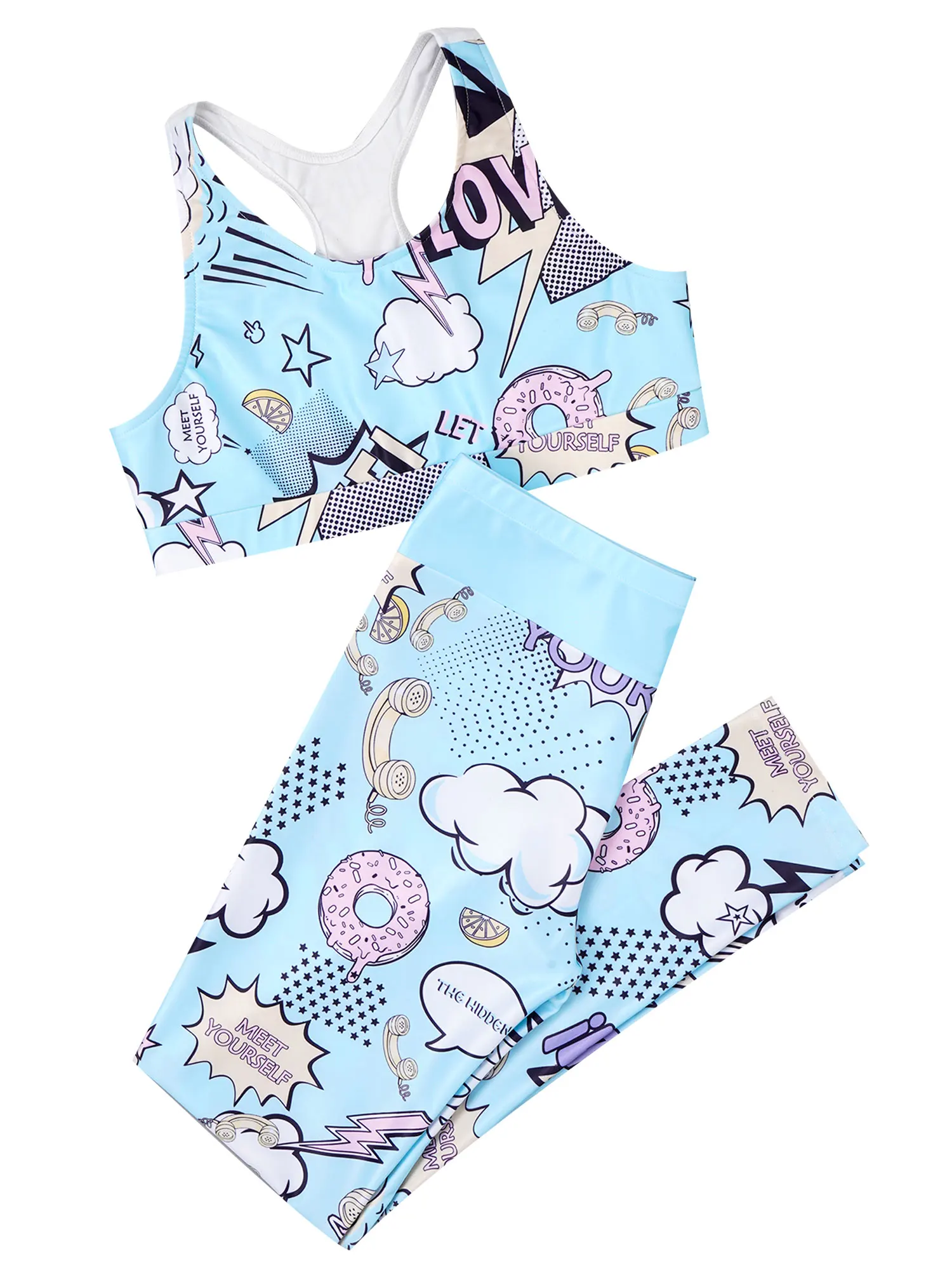 Children Girls Printed Cartoon Sportswear Crop Tank Top Long Pants 2 Pcs Yoga Sets Tracksuit Kids Ballet Gym Workout Clothes