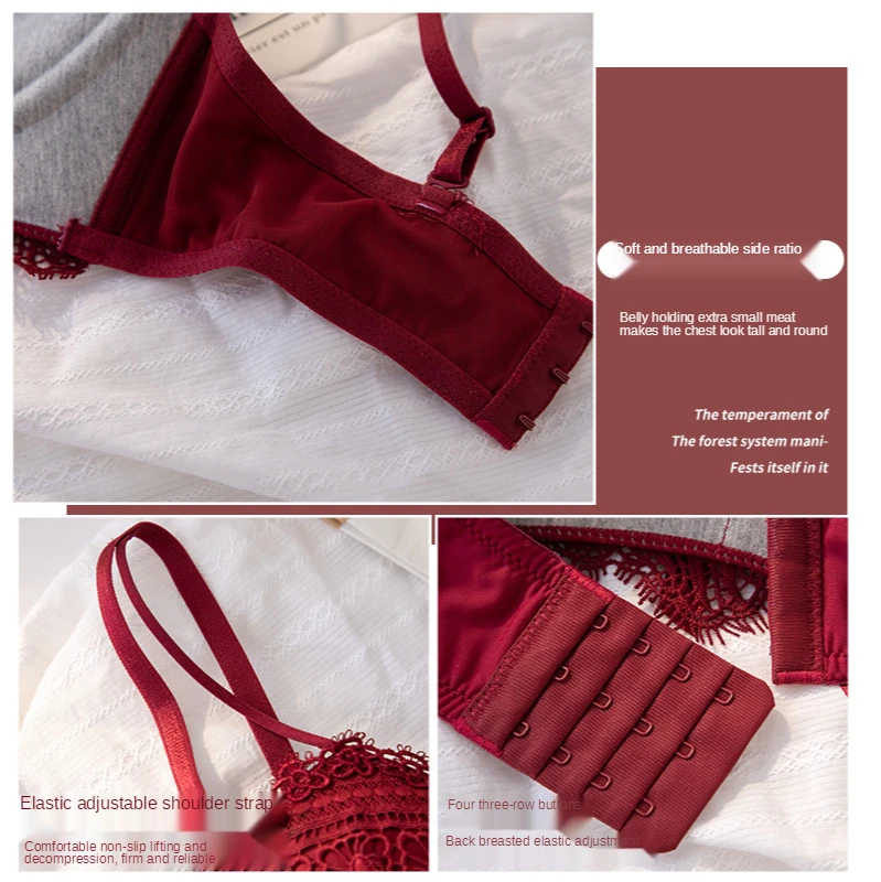 

Lace embroidery small chest gathered adjustable breathable sexy bra