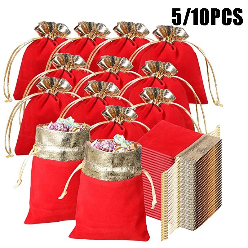 5/10 шт. винтажные бархатпосылка пакеты красные подарочные карманные на шнурке для