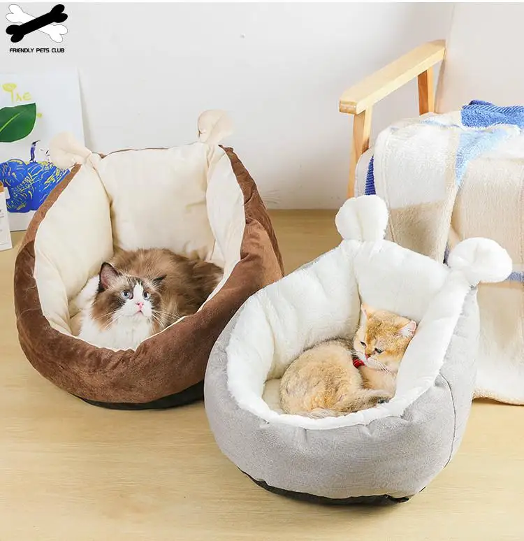 Домик с заячьими ушками для кошек, зимние теплые короткие плюшевые товары для домашних животных, питомник для маленьких собак, круглая ветрозащитная Нескользящая подушка-гнездо для глубокого сна