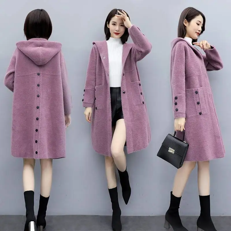 

Women Winter Hooded Faux Mink Fur Coat Female Full Sleeve Single Breasted Cardigans Ladies Elegant Solid Knitted Outerwear Z204