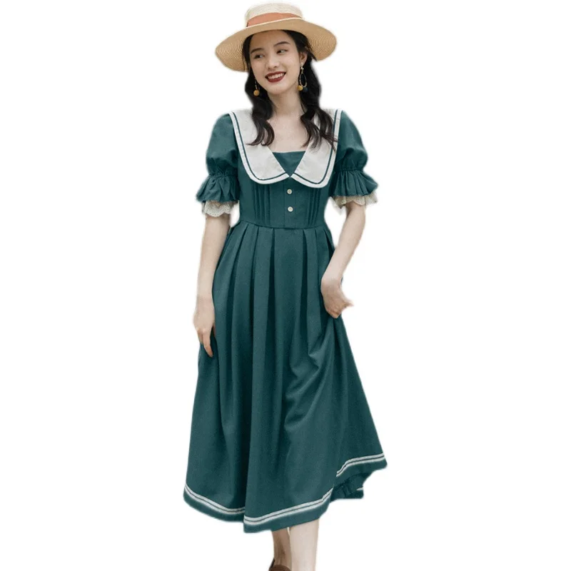 

Cottage Style Women Vintage Dress Sweet Peter Pan Collar Petal Sleeve With Lace Loose Casual Large Size Peasant Dresses Prairie