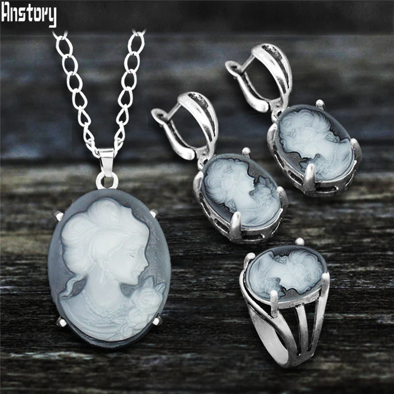 Винтажный Овальный женский набор для королевы камео античный посеребренный