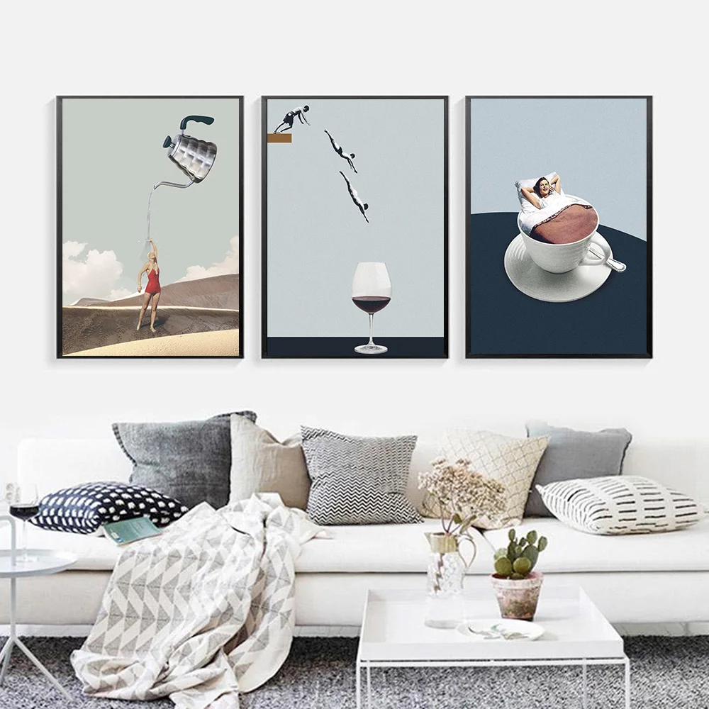 Абстрактный скандинавский постер Картина на холсте из бокалов с прыгающим вином