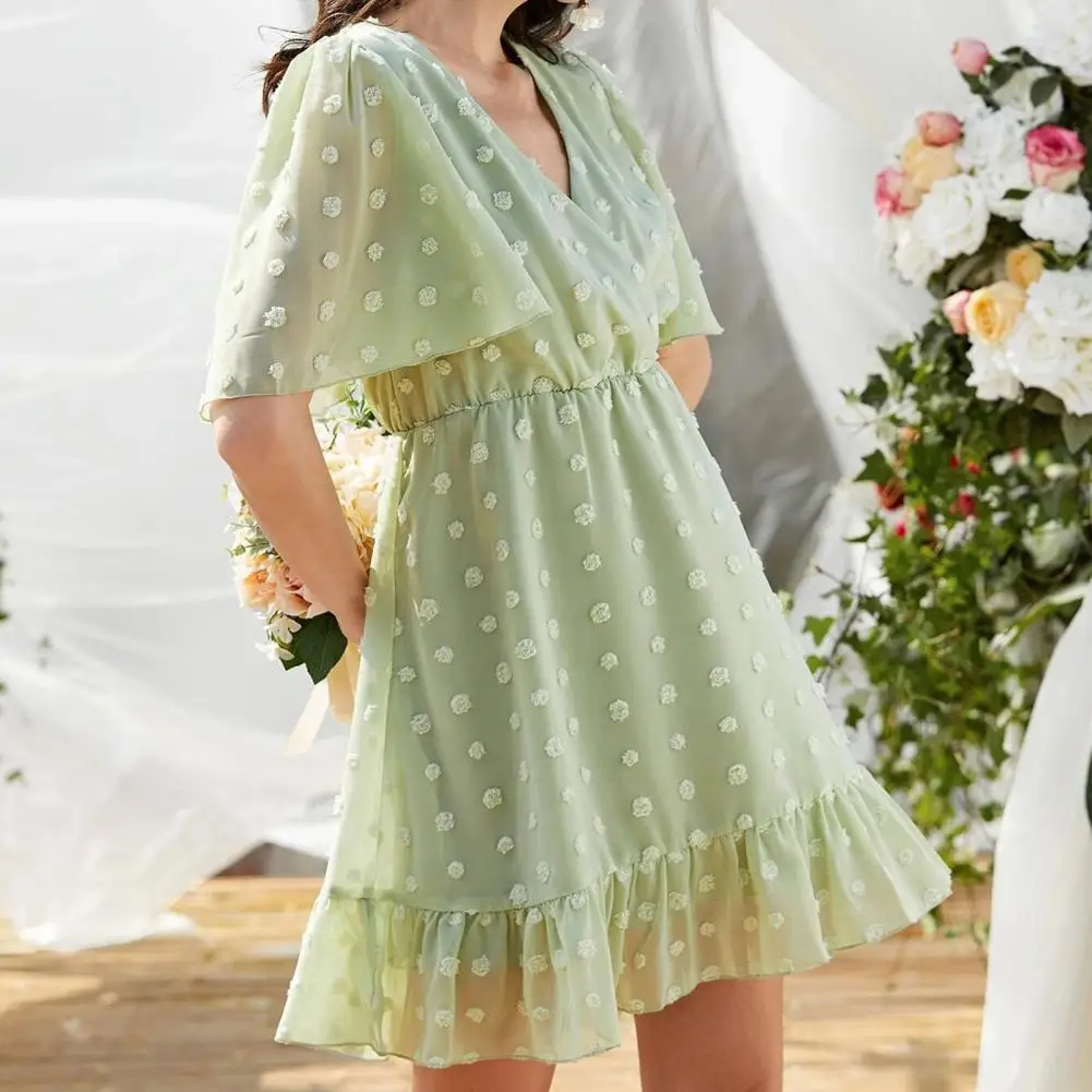 

Solid Color Women Dress Elegant Ruffled Short Sleeve Knee-Length Dress Women Summer A-line Dress Beach Dress vestido de mujer