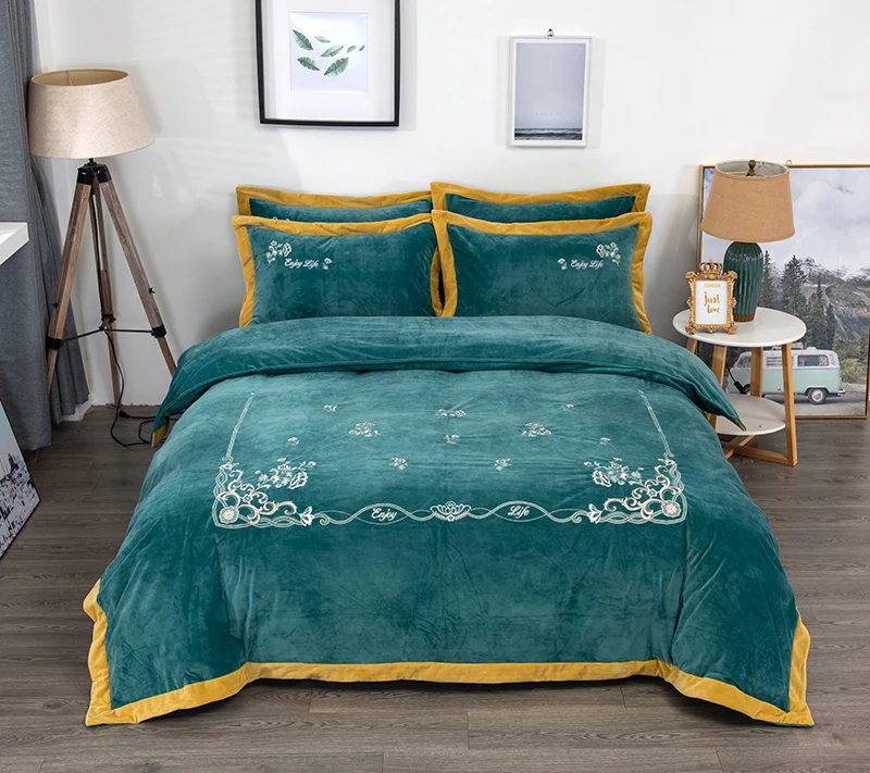 

Зеленая вышивка, 10 цветов, зимний бархатный фланелевый флисовый комплект постельного белья, пододеяльник, постельное белье, простыня, навол...