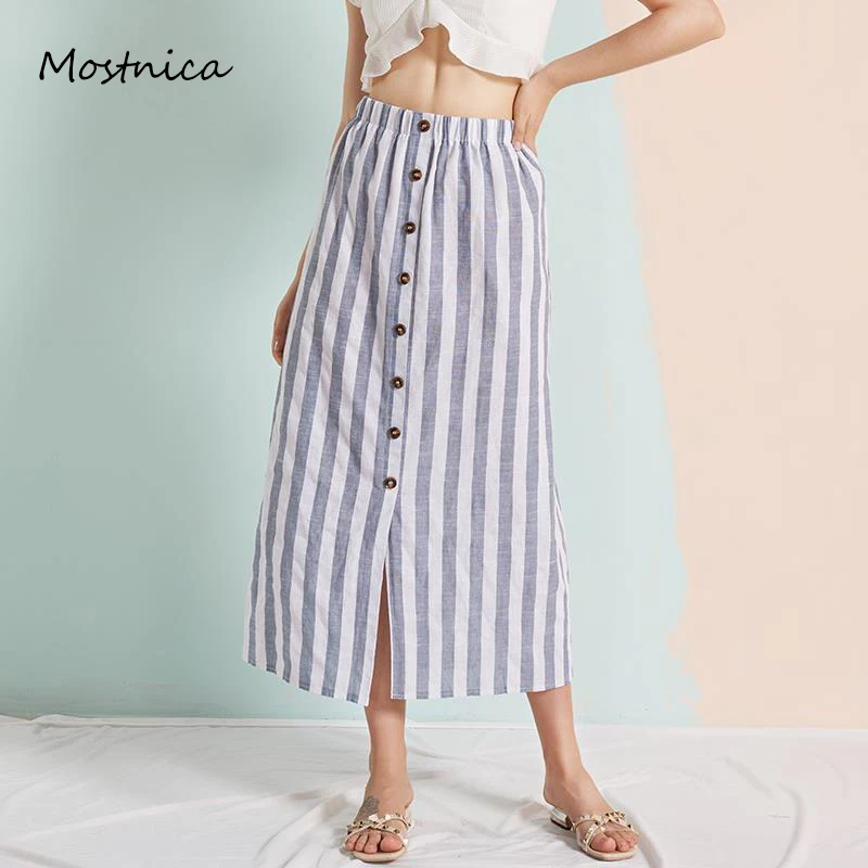 

Юбка женская однобортная в полоску, с разрезом, на резинке