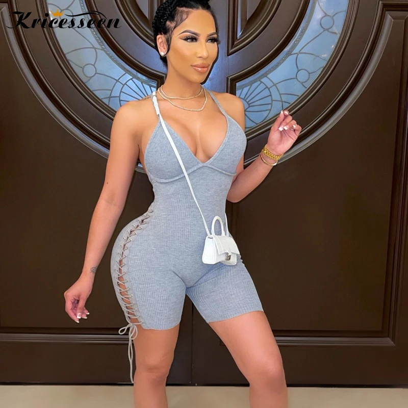 

Kricesseen пикантные однотонные повязки узкие короткий комбинезон Для женщин со шнуровкой сбоку Backeless легкий костюм с шортами вечерние клубная ...