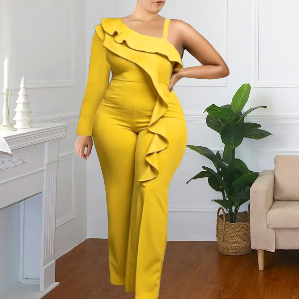 

Yellow Ruffles One Shoulder Jumpsuit Women African 2021 Long Sleeve One Piece Outfits Rompers Office Elegant Black Flare Pants