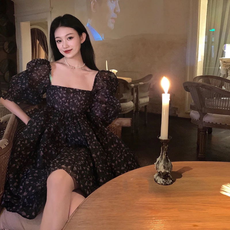 

French Vintage Floral Dresses Women Elegant Korean Retro Casual A-Line Sexy Mini Dress Summer 2021 New Short Sleeve Party Dress